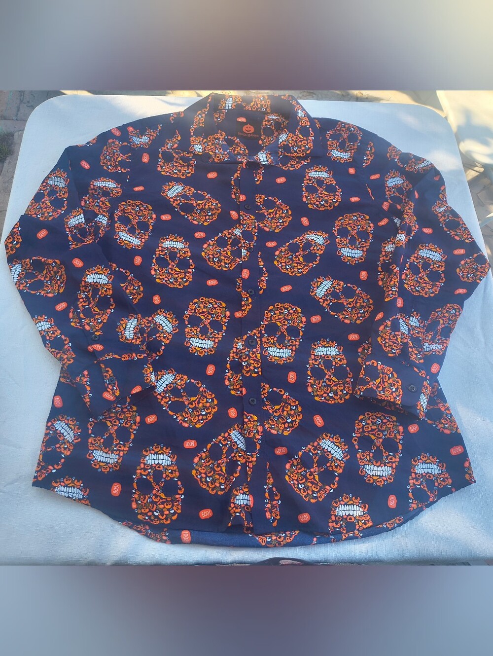 Simon Banks Men's Halloween Skulls Long-Sleeve Button-Down Shirt Orange/ Blue